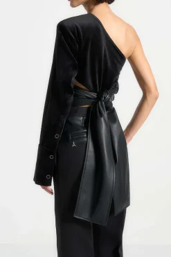 MICAS Long Sleeve Tops|Long Sleeves Tops-Faux Leather Patchwork Asymmetrical Long-Sleeve Top BLACK