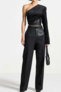 MICAS Long Sleeve Tops|Long Sleeves Tops-Faux Leather Patchwork Asymmetrical Long-Sleeve Top BLACK