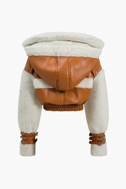 MICAS Outerwear|Outerwear-Faux Leather Patchwork Hooded Jacket CHOCOLATE