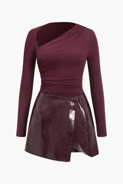 MICAS Long Sleeve Dresses|Mini Dresses-Faux Leather Patchwork Long Sleeve Mini Dress