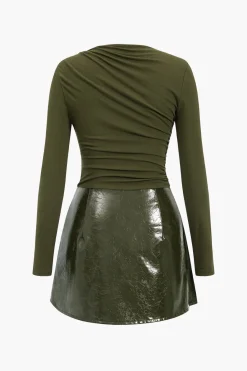 MICAS Long Sleeve Dresses|Mini Dresses-Faux Leather Patchwork Long Sleeve Mini Dress