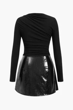 MICAS Long Sleeve Dresses|Mini Dresses-Faux Leather Patchwork Long Sleeve Mini Dress