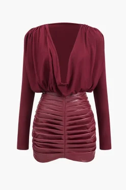 MICAS Long Sleeve Dresses|Mini Dresses-Faux Leather Patchwork Long Sleeve Draped Cowl Neck Mini Dress MAROON