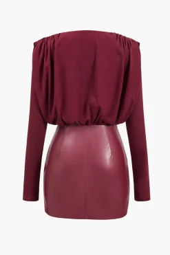 MICAS Long Sleeve Dresses|Mini Dresses-Faux Leather Patchwork Long Sleeve Draped Cowl Neck Mini Dress MAROON