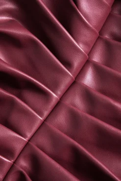 MICAS Long Sleeve Dresses|Mini Dresses-Faux Leather Patchwork Long Sleeve Draped Cowl Neck Mini Dress MAROON