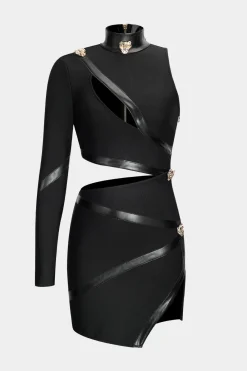 MICAS Mini Dresses|Long Sleeve Dresses-Faux Leather Patchwork Long Sleeve One Shoulder Cut Out Mini Dress BLACK