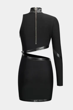 MICAS Mini Dresses|Long Sleeve Dresses-Faux Leather Patchwork Long Sleeve One Shoulder Cut Out Mini Dress BLACK