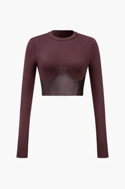 MICAS Long Sleeve Tops|Long Sleeves Tops-Faux Leather Patchwork Long-Sleeve Top