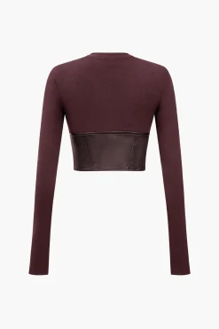 MICAS Long Sleeve Tops|Long Sleeves Tops-Faux Leather Patchwork Long-Sleeve Top