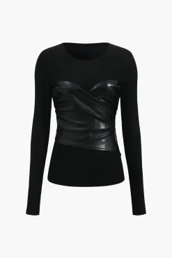 MICAS Long Sleeve Tops|Long Sleeves Tops-Faux Leather Patchwork Long-Sleeve Top BLACK