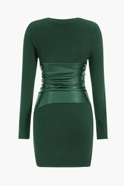 MICAS Long Sleeve Dresses|Mini Dresses-Faux Leather Patchwork Long Sleeve Mini Dress