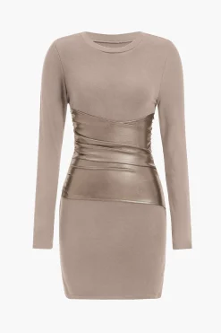 MICAS Long Sleeve Dresses|Mini Dresses-Faux Leather Patchwork Long Sleeve Mini Dress