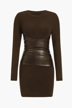 MICAS Long Sleeve Dresses|Mini Dresses-Faux Leather Patchwork Long Sleeve Mini Dress