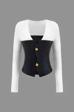 MICAS Long Sleeve Tops|Long Sleeves Tops-Faux Leather Patchwork Metallic Button Long-Sleeve Top BLACK