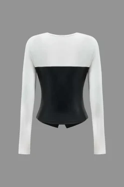 MICAS Long Sleeve Tops|Long Sleeves Tops-Faux Leather Patchwork Metallic Button Long-Sleeve Top BLACK