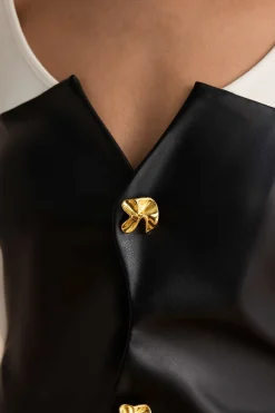 MICAS Long Sleeve Tops|Long Sleeves Tops-Faux Leather Patchwork Metallic Button Long-Sleeve Top BLACK