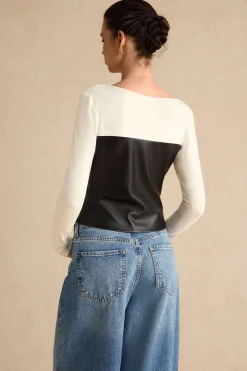 MICAS Long Sleeve Tops|Long Sleeves Tops-Faux Leather Patchwork Metallic Button Long-Sleeve Top BLACK