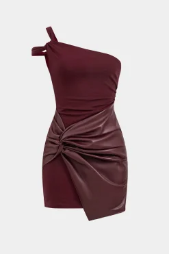 MICAS Mini Dresses-Faux Leather Patchwork Mini Dress BURGUNDY