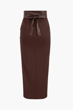 MICAS Skirts-Faux Leather Patchwork Ruched Skirt