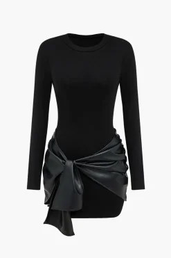 MICAS Long Sleeve Dresses|Mini Dresses-Faux Leather Patchwork Tie Front Round Neck Ruched Mini Dress