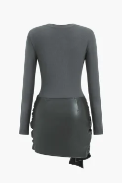 MICAS Long Sleeve Dresses|Mini Dresses-Faux Leather Patchwork Tie Front Round Neck Ruched Mini Dress