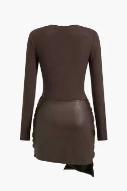 MICAS Long Sleeve Dresses|Mini Dresses-Faux Leather Patchwork Tie Front Round Neck Ruched Mini Dress