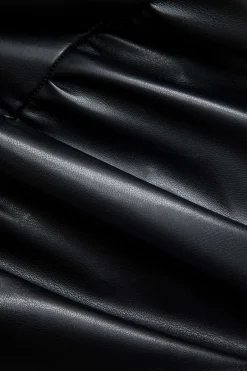 MICAS Long Sleeve Dresses|Mini Dresses-Faux Leather Patchwork Tie Front Round Neck Ruched Mini Dress