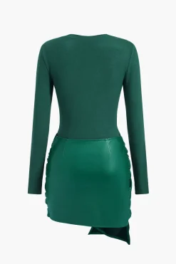 MICAS Long Sleeve Dresses|Mini Dresses-Faux Leather Patchwork Tie Front Round Neck Ruched Mini Dress