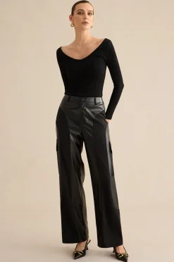 MICAS Pants-Faux Leather Patchwork Trousers BLACK