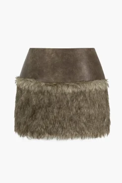 MICAS Skirts-Faux Leather Patchwork Zipper Skirt BROWN