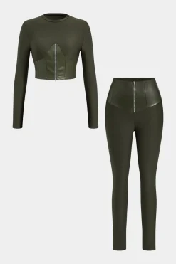 MICAS Pant Sets-Faux Leather Patchwork Zipper Long Sleeve Top And Trousers Set GREEN