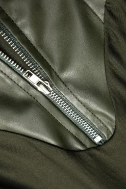 MICAS Pant Sets-Faux Leather Patchwork Zipper Long Sleeve Top And Trousers Set GREEN