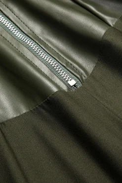 MICAS Pant Sets-Faux Leather Patchwork Zipper Long Sleeve Top And Trousers Set GREEN