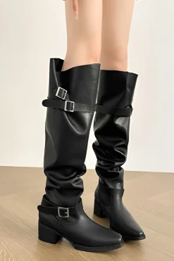 MICAS Shoes|Boots-Faux Leather Peep Toe Over The Knee Boots BLACK