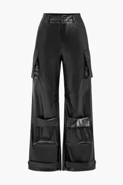 MICAS Pants-Faux Leather Pocket Wide Leg Trousers BLACK