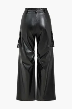 MICAS Pants-Faux Leather Pocket Wide Leg Trousers BLACK