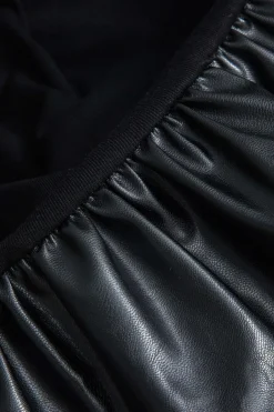 MICAS Long Sleeve Dresses|Mini Dresses-Faux Leather Round Neck Patchwork Mini Dress BLACK