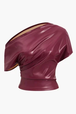 MICAS T-Shirts-Faux Leather Ruched Asymmetrical Short Sleeve T-Shirt MAROON