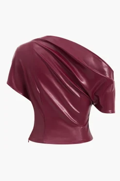 MICAS T-Shirts-Faux Leather Ruched Asymmetrical Short Sleeve T-Shirt MAROON