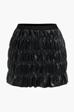 MICAS Skirt Sets-Faux Leather Ruched Detail Skirt Set BLACK