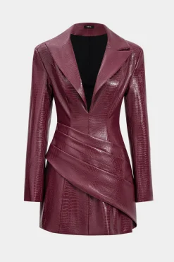 MICAS Long Sleeve Dresses|Mini Dresses-Faux Leather Ruched Long Sleeve V-Neck Mini Dress BURGUNDY