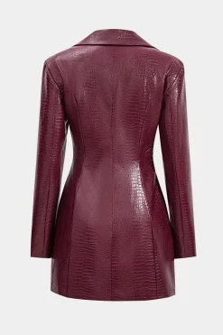 MICAS Long Sleeve Dresses|Mini Dresses-Faux Leather Ruched Long Sleeve V-Neck Mini Dress BURGUNDY