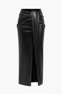 MICAS Skirts-Faux Leather Ruched Skirt BLACK