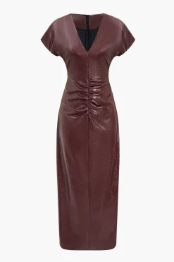 MICAS Midi Dresses-Faux Leather Ruched V-Neck Midi Dress MAROON