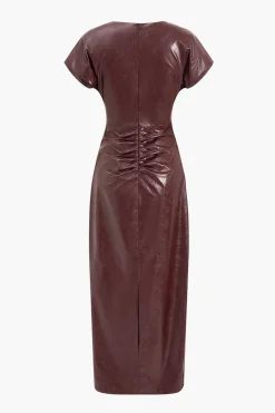 MICAS Midi Dresses-Faux Leather Ruched V-Neck Midi Dress MAROON