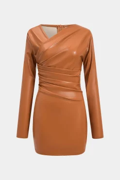 MICAS Mini Dresses|Long Sleeve Dresses-Faux Leather Ruched V-Neck Long Sleeve Mini Dress ORANGE