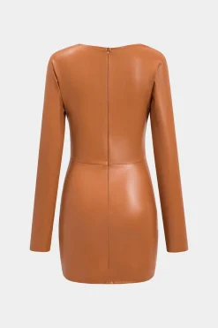 MICAS Mini Dresses|Long Sleeve Dresses-Faux Leather Ruched V-Neck Long Sleeve Mini Dress ORANGE