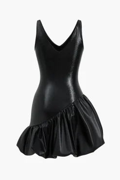 MICAS Mini Dresses-Faux Leather Ruched V-Neck Asymmetrical Mini Dress