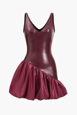 MICAS Mini Dresses-Faux Leather Ruched V-Neck Asymmetrical Mini Dress