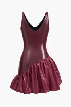 MICAS Mini Dresses-Faux Leather Ruched V-Neck Asymmetrical Mini Dress